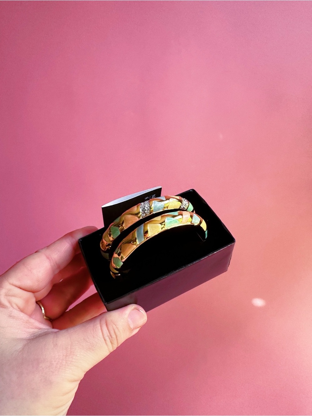 Joan Rivers Two (2) Gold Tone, Crystals, Mosaic Enamel Hinged Bangle Bracelets